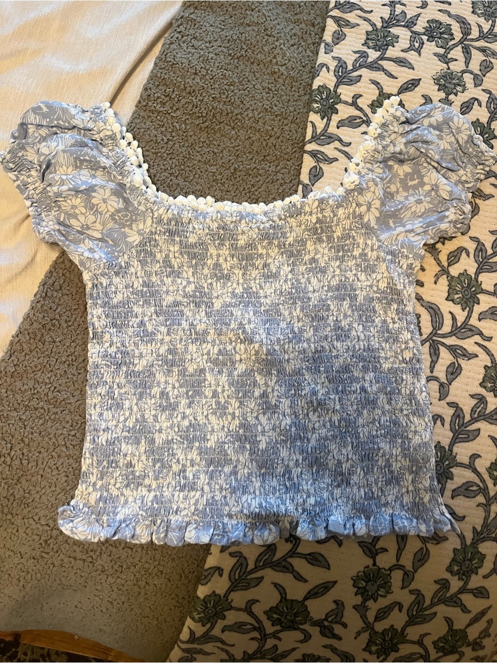 Ocean Drive Blue and White Floral Smocked Crop Top